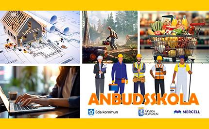 Illustration av arbetare, byggarbetsplats, varukorg och dator med text: Anbudsskola
