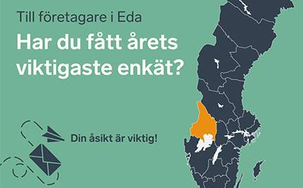 Illustration av Sverigekarta mot grön bakgrund med text: "Till företagare i Eda. Har Du fått årets viktigaste enkät? Din åsikt är viktig!"