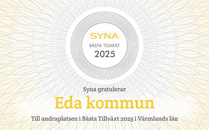 Synas logotyp och text: Bästa tillväxt 2025 Andraplats Eda kommun