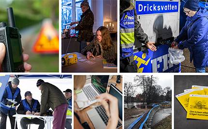 Collage av dricksvattentank, strömavbrott, dator, MSB-broschyrer, översvämning och Rakel-telefon