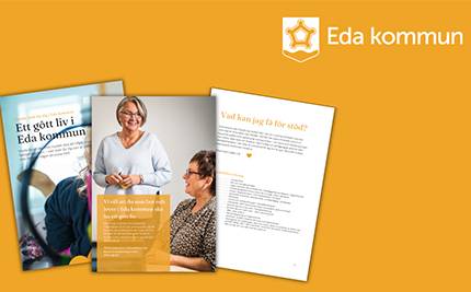 Foldern Ett gôtt liv i Eda kommun mot gul bakgrund och logotyp för Eda kommun